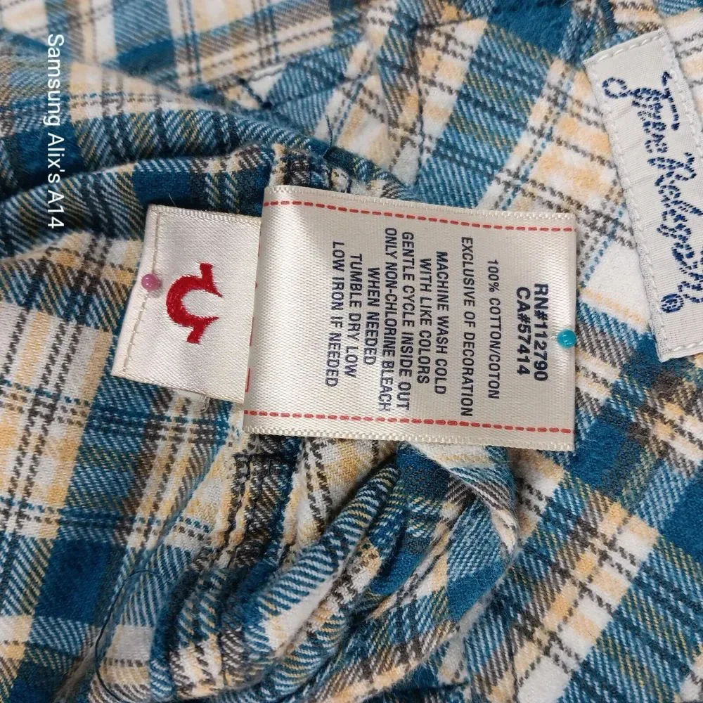 True Religion Men's Western‎ Pearl Snap Plaid Long Sleeve Shirt Horseshoe Medium